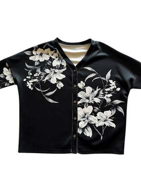 OUFISUN Women's Black and White Floral Print V-Neck Button-Down swearet Size XL